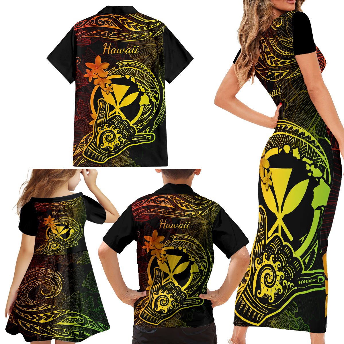Hawaii Family Matching Short Sleeve Bodycon Dress and Hawaiian Shirt Shaka Tattoo Mix Polynesian Plumeria Reggae Version LT14 - Polynesian Pride