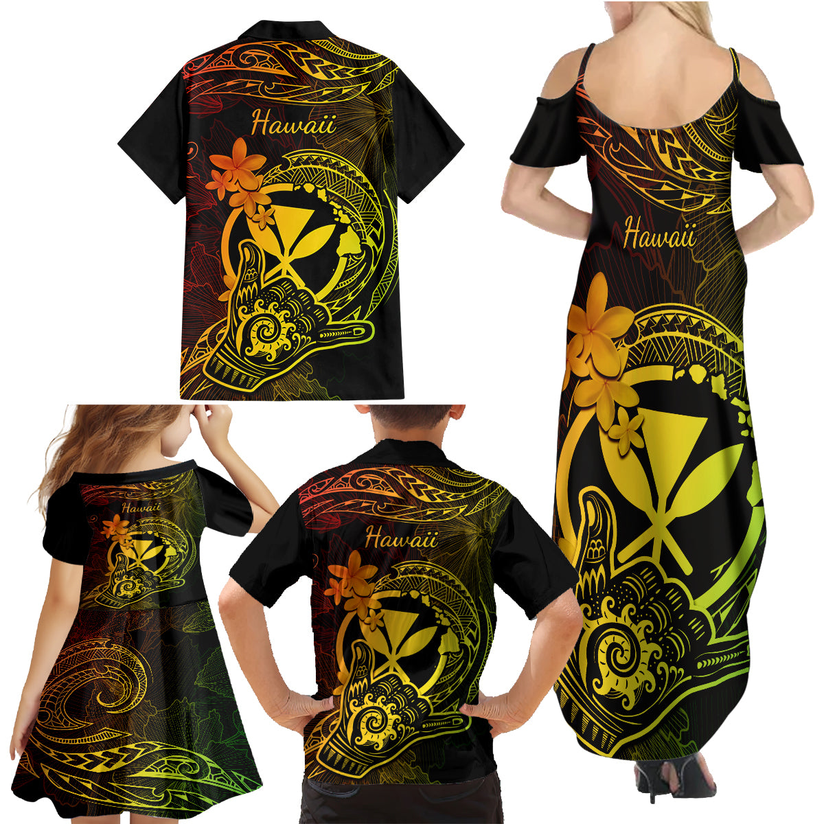 Hawaii Family Matching Summer Maxi Dress and Hawaiian Shirt Shaka Tattoo Mix Polynesian Plumeria Reggae Version LT14 - Polynesian Pride