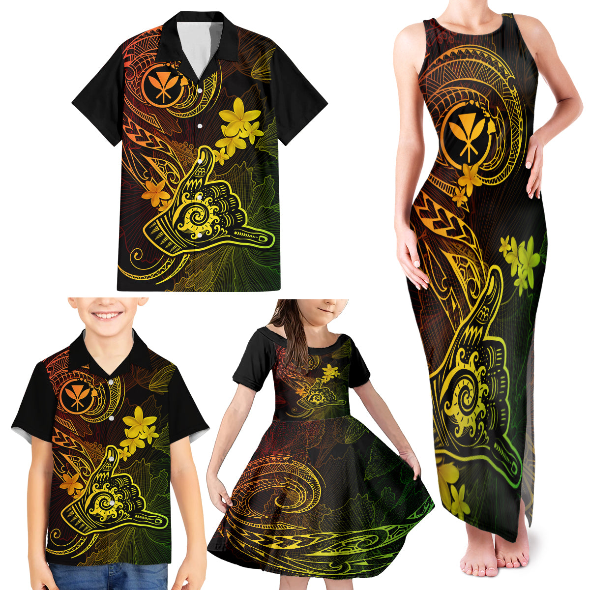 Hawaii Family Matching Tank Maxi Dress and Hawaiian Shirt Shaka Tattoo Mix Polynesian Plumeria Reggae Version LT14 - Polynesian Pride
