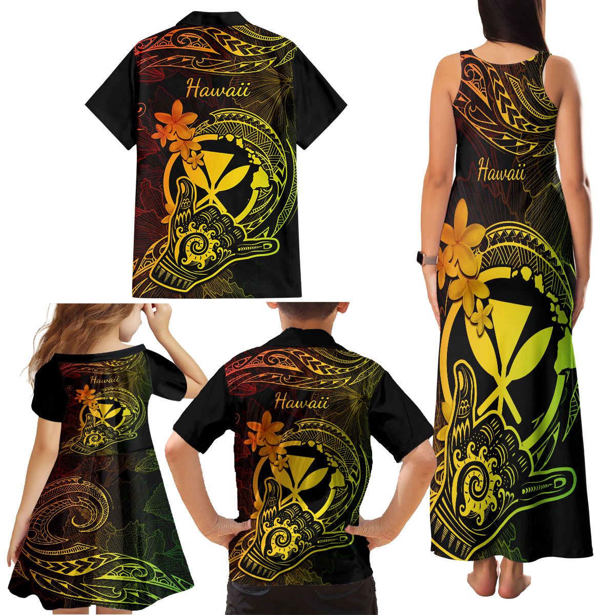 Hawaii Family Matching Tank Maxi Dress and Hawaiian Shirt Shaka Tattoo Mix Polynesian Plumeria Reggae Version LT14 - Polynesian Pride