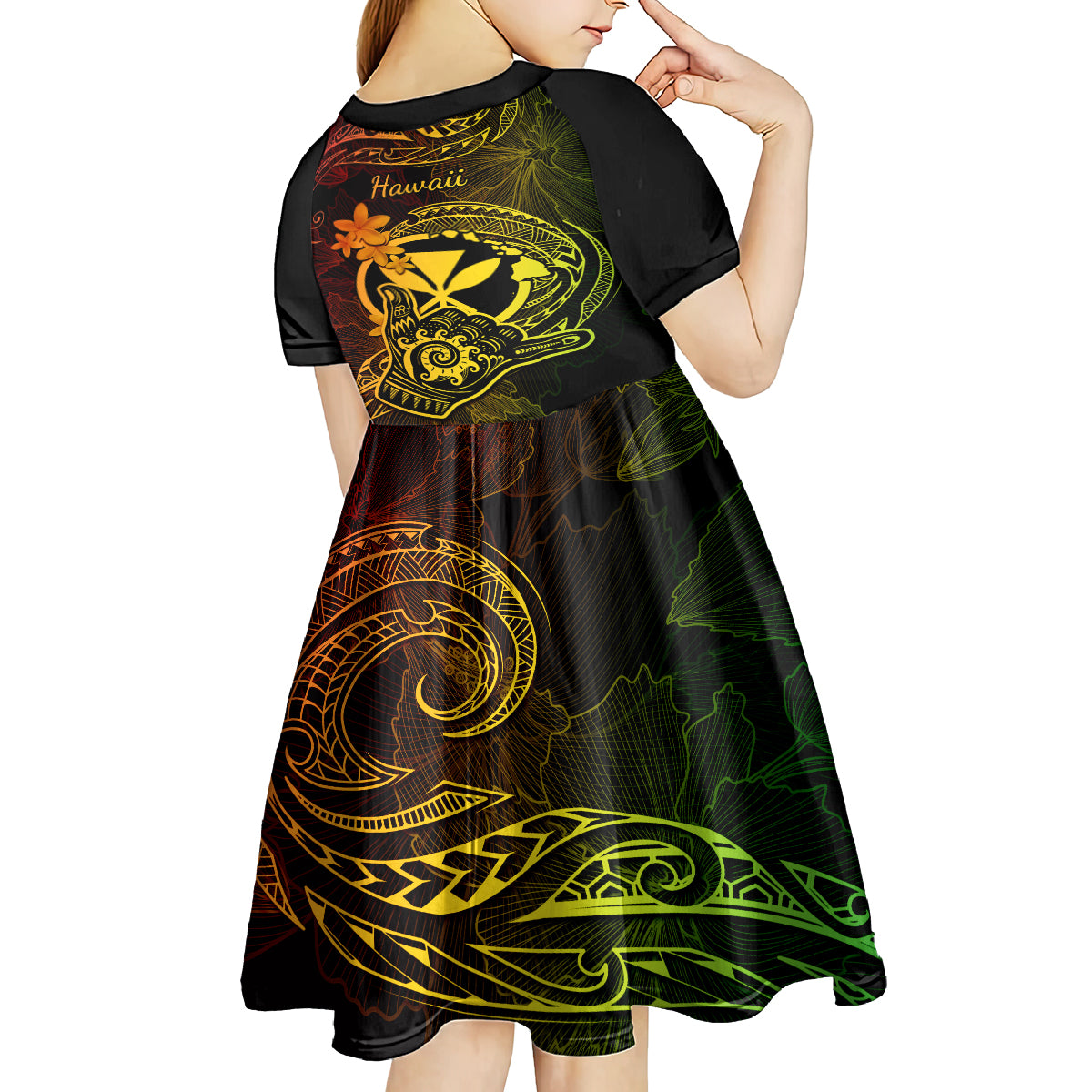 Hawaii Kid Short Sleeve Dress Shaka Tattoo Mix Polynesian Plumeria Reggae Version LT14 - Polynesian Pride