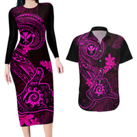 Hawaii Couples Matching Long Sleeve Bodycon Dress and Hawaiian Shirt Shaka Tattoo Mix Polynesian Plumeria Pink Version LT14 Pink - Polynesian Pride