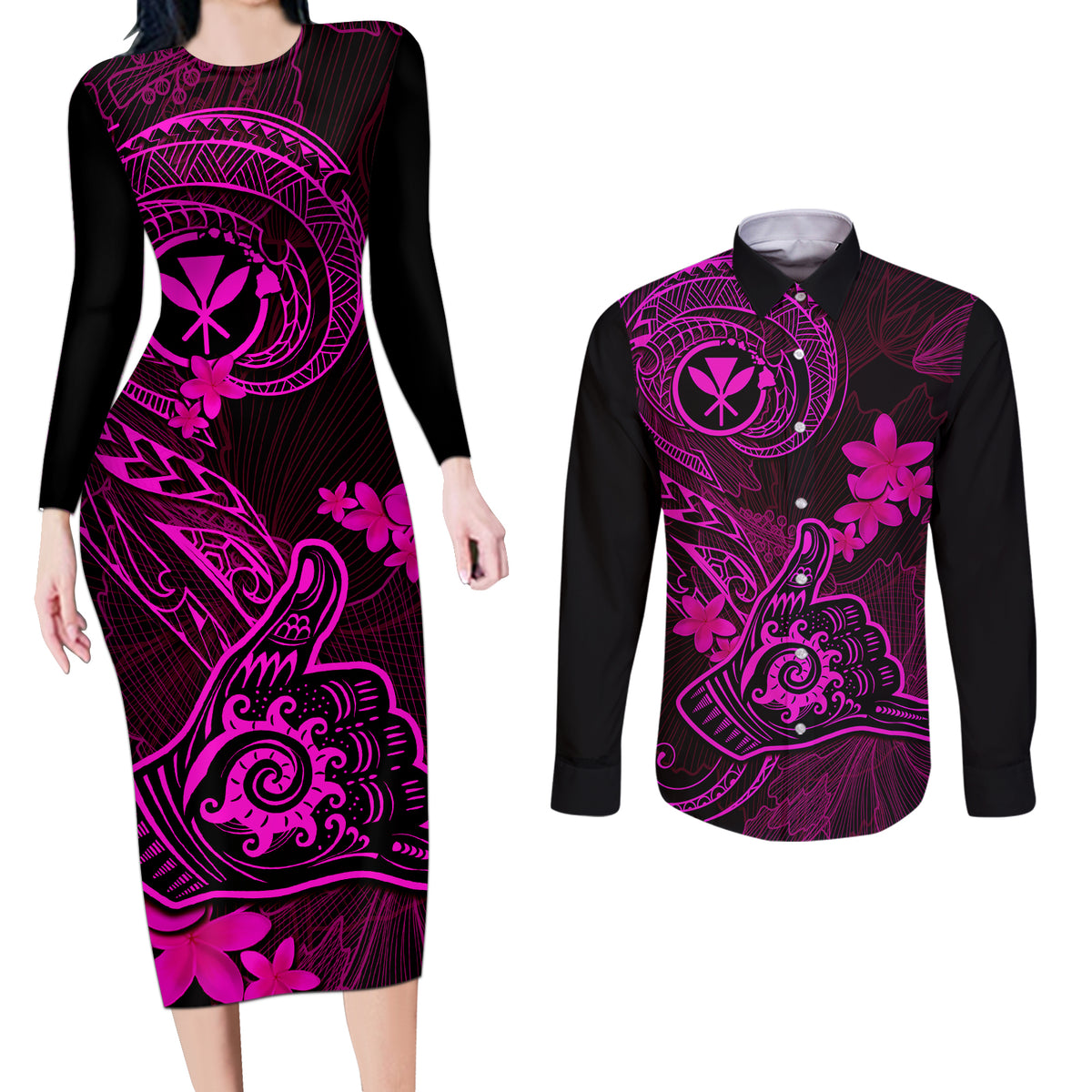 Hawaii Couples Matching Long Sleeve Bodycon Dress and Long Sleeve Button Shirts Shaka Tattoo Mix Polynesian Plumeria Pink Version LT14 Pink - Polynesian Pride