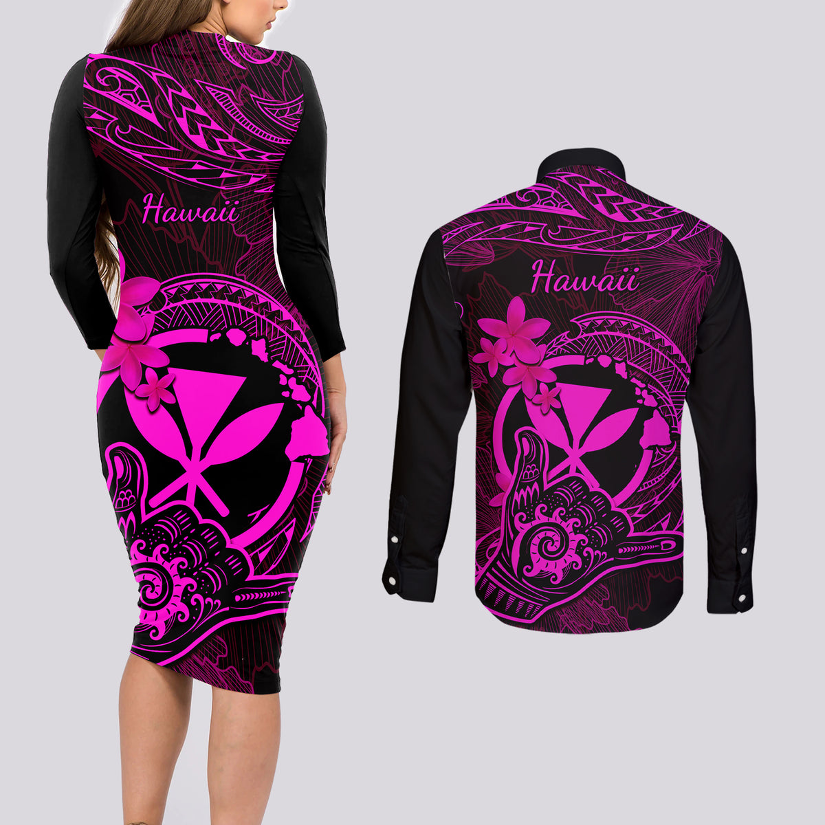Hawaii Couples Matching Long Sleeve Bodycon Dress and Long Sleeve Button Shirts Shaka Tattoo Mix Polynesian Plumeria Pink Version LT14 - Polynesian Pride