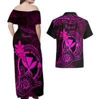 Hawaii Couples Matching Off Shoulder Maxi Dress and Hawaiian Shirt Shaka Tattoo Mix Polynesian Plumeria Pink Version LT14 - Polynesian Pride