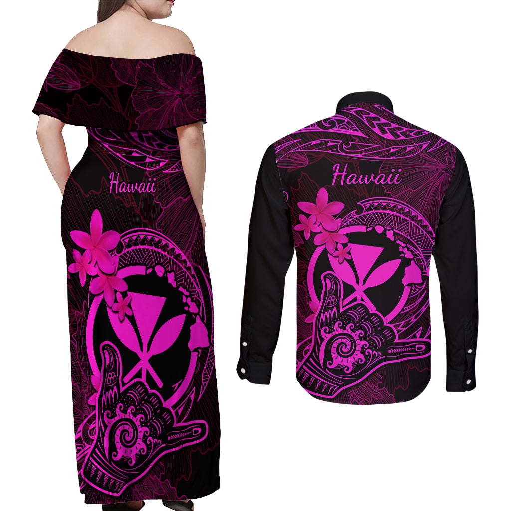 hawaii-couples-matching-off-shoulder-maxi-dress-and-long-sleeve-button-shirts-shaka-tattoo-mix-polynesian-plumeria-pink-version