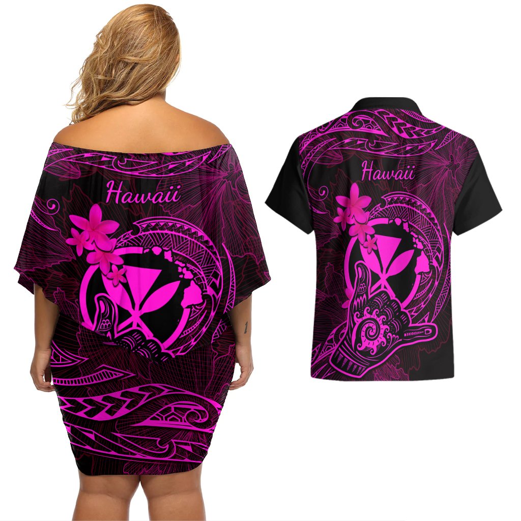 Hawaii Couples Matching Off Shoulder Short Dress and Hawaiian Shirt Shaka Tattoo Mix Polynesian Plumeria Pink Version LT14 - Polynesian Pride
