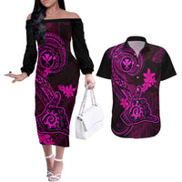 Hawaii Couples Matching Off The Shoulder Long Sleeve Dress and Hawaiian Shirt Shaka Tattoo Mix Polynesian Plumeria Pink Version LT14 Pink - Polynesian Pride