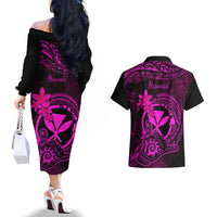 Hawaii Couples Matching Off The Shoulder Long Sleeve Dress and Hawaiian Shirt Shaka Tattoo Mix Polynesian Plumeria Pink Version LT14 - Polynesian Pride