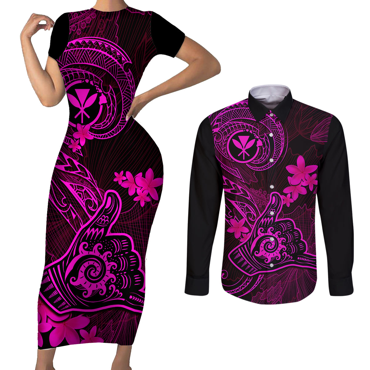 Hawaii Couples Matching Short Sleeve Bodycon Dress and Long Sleeve Button Shirts Shaka Tattoo Mix Polynesian Plumeria Pink Version LT14 Pink - Polynesian Pride