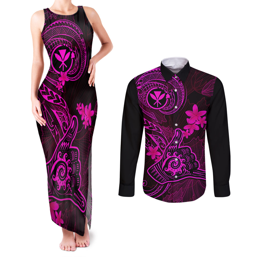 Hawaii Couples Matching Tank Maxi Dress and Long Sleeve Button Shirts Shaka Tattoo Mix Polynesian Plumeria Pink Version LT14 Pink - Polynesian Pride
