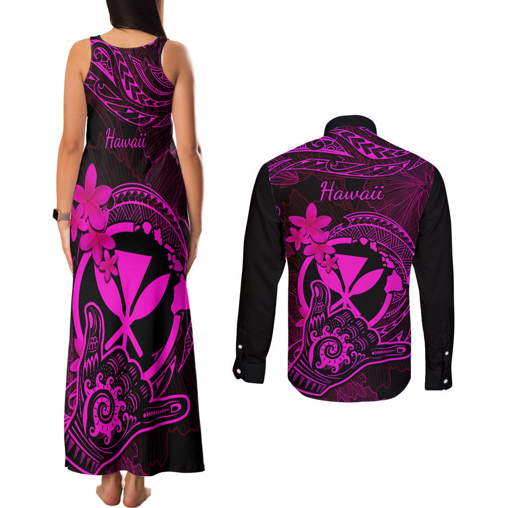 Hawaii Couples Matching Tank Maxi Dress and Long Sleeve Button Shirts Shaka Tattoo Mix Polynesian Plumeria Pink Version LT14 - Polynesian Pride