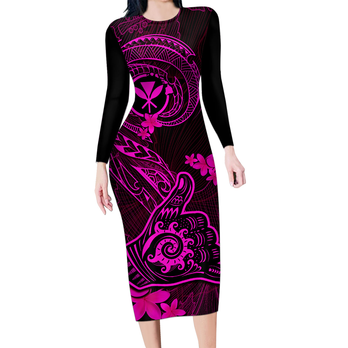 Hawaii Family Matching Long Sleeve Bodycon Dress and Hawaiian Shirt Shaka Tattoo Mix Polynesian Plumeria Pink Version LT14 Mom's Dress Pink - Polynesian Pride