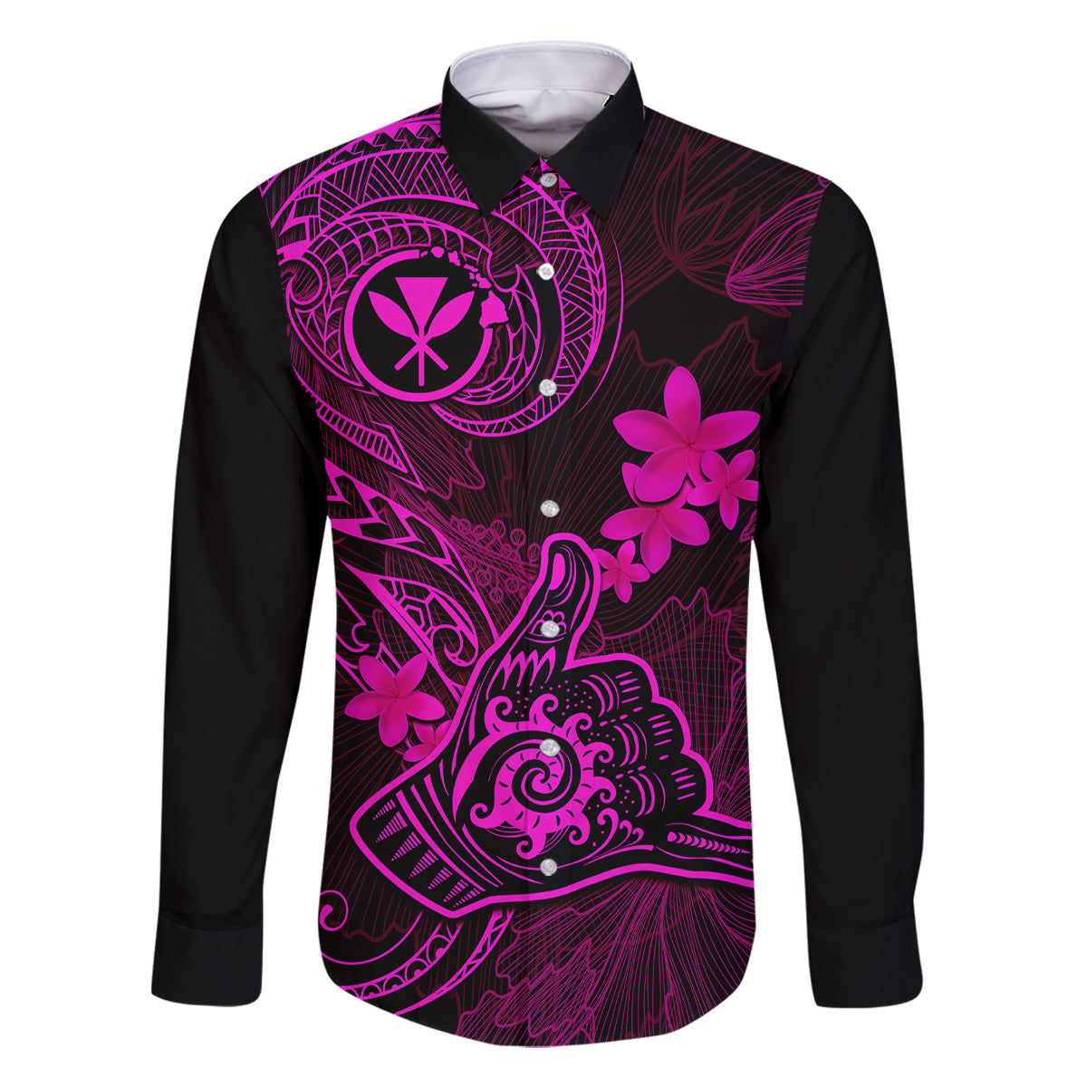 Hawaii Family Matching Mermaid Dress and Hawaiian Shirt Shaka Tattoo Mix Polynesian Plumeria Pink Version LT14 Dad's Shirt - Long Sleeve Pink - Polynesian Pride