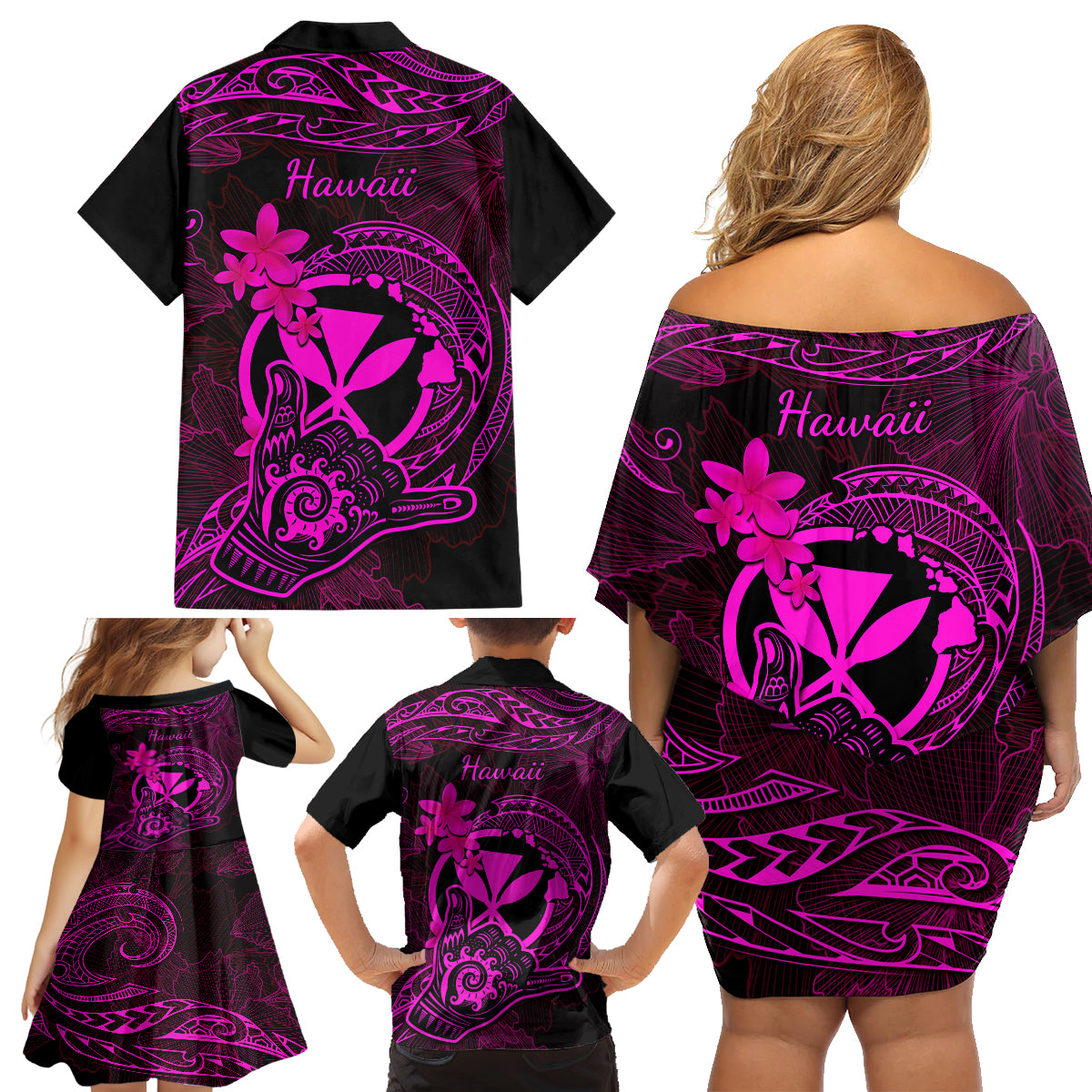 Hawaii Family Matching Off Shoulder Short Dress and Hawaiian Shirt Shaka Tattoo Mix Polynesian Plumeria Pink Version LT14 - Polynesian Pride