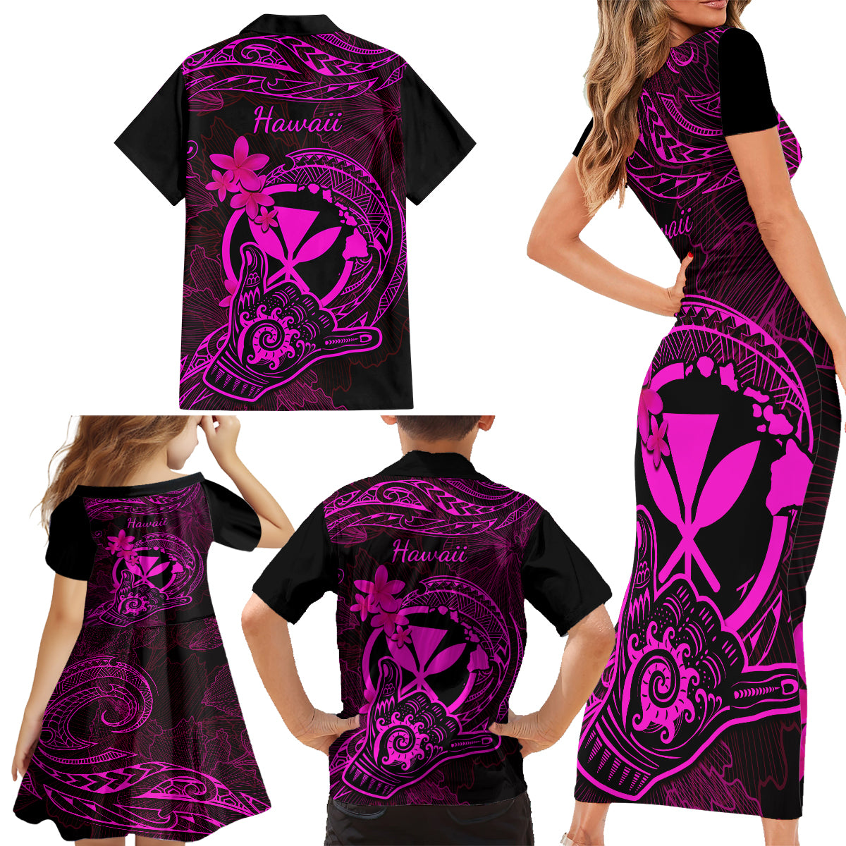 Hawaii Family Matching Short Sleeve Bodycon Dress and Hawaiian Shirt Shaka Tattoo Mix Polynesian Plumeria Pink Version LT14 - Polynesian Pride