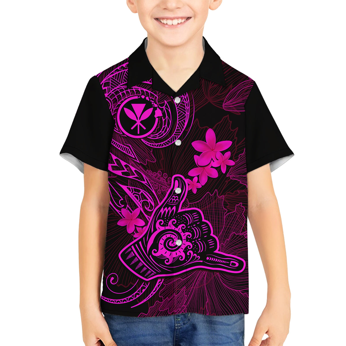 Hawaii Family Matching Short Sleeve Bodycon Dress and Hawaiian Shirt Shaka Tattoo Mix Polynesian Plumeria Pink Version LT14 Son's Shirt Pink - Polynesian Pride
