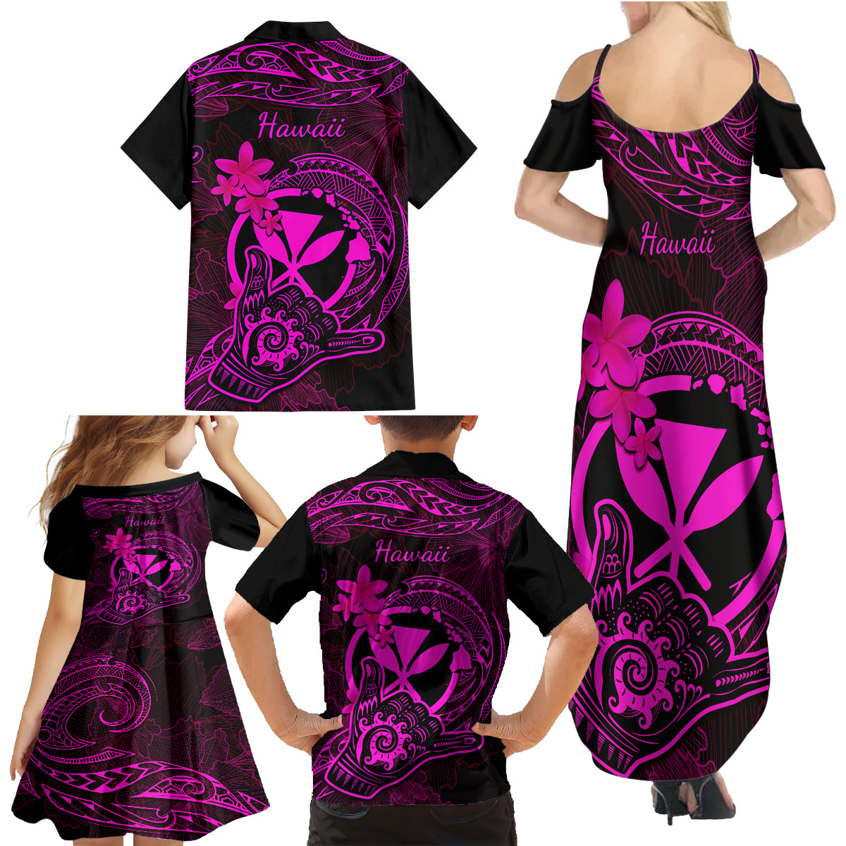Hawaii Family Matching Summer Maxi Dress and Hawaiian Shirt Shaka Tattoo Mix Polynesian Plumeria Pink Version LT14 - Polynesian Pride