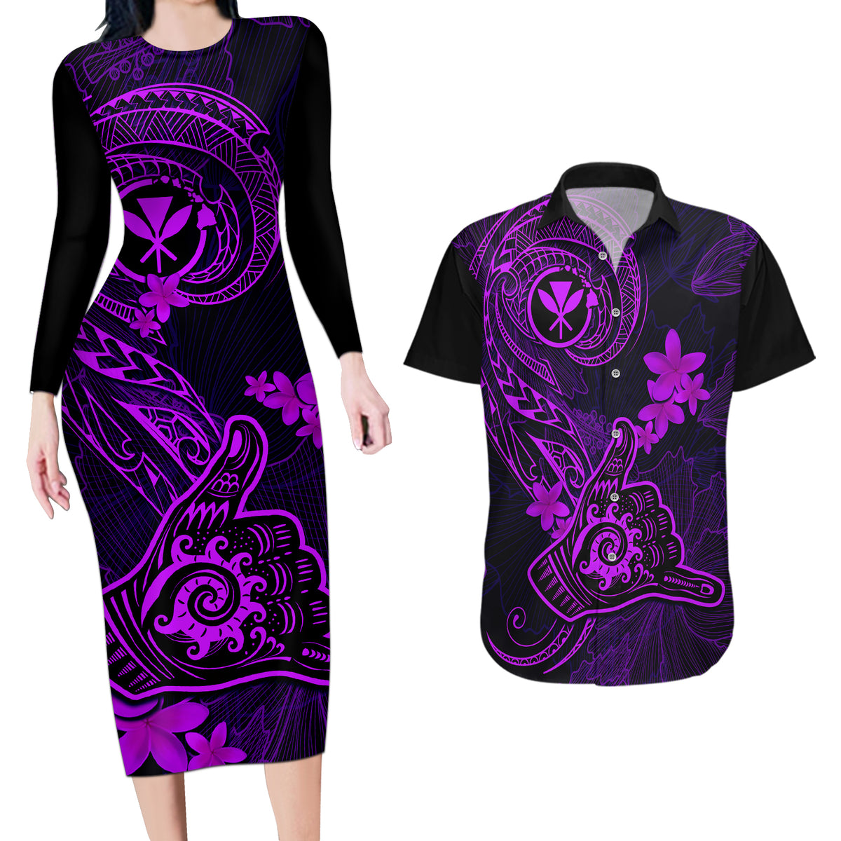 Hawaii Couples Matching Long Sleeve Bodycon Dress and Hawaiian Shirt Shaka Tattoo Mix Polynesian Plumeria Purple Version LT14 Purple - Polynesian Pride