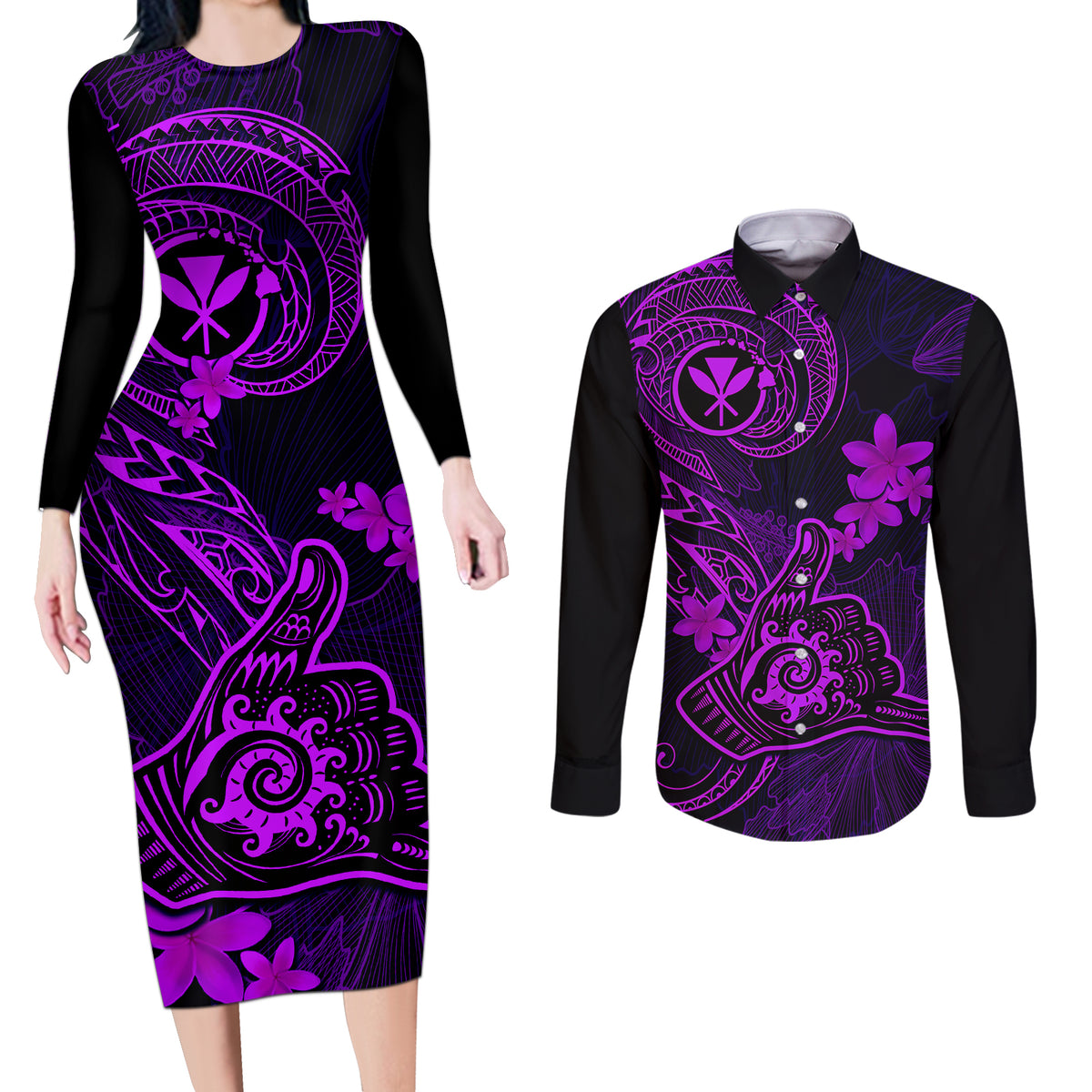 Hawaii Couples Matching Long Sleeve Bodycon Dress and Long Sleeve Button Shirts Shaka Tattoo Mix Polynesian Plumeria Purple Version LT14 Purple - Polynesian Pride