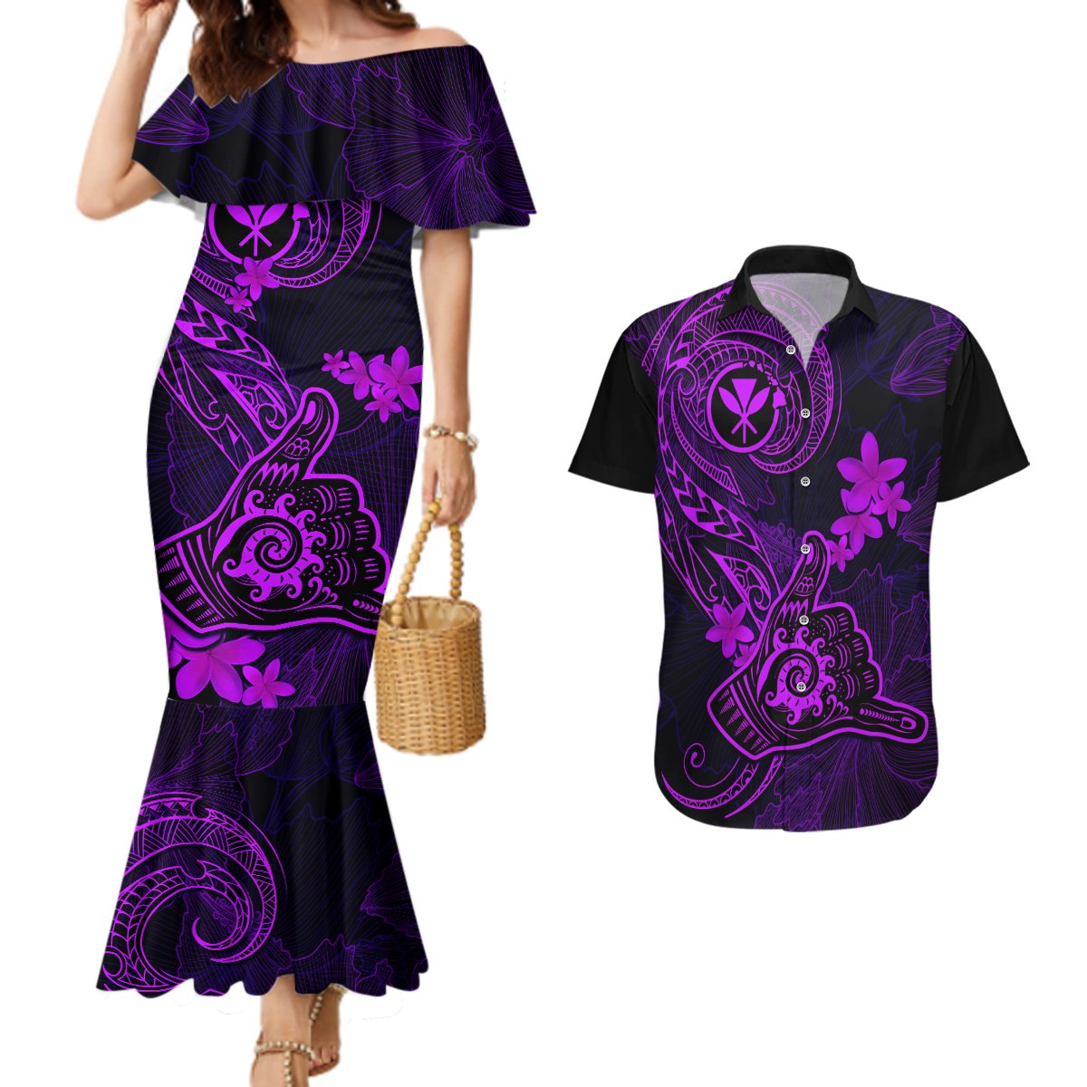 Hawaii Couples Matching Mermaid Dress and Hawaiian Shirt Shaka Tattoo Mix Polynesian Plumeria Purple Version LT14 Purple - Polynesian Pride