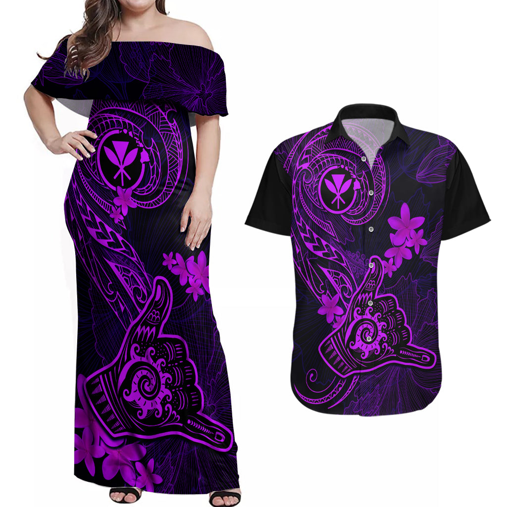 Hawaii Couples Matching Off Shoulder Maxi Dress and Hawaiian Shirt Shaka Tattoo Mix Polynesian Plumeria Purple Version LT14 Purple - Polynesian Pride