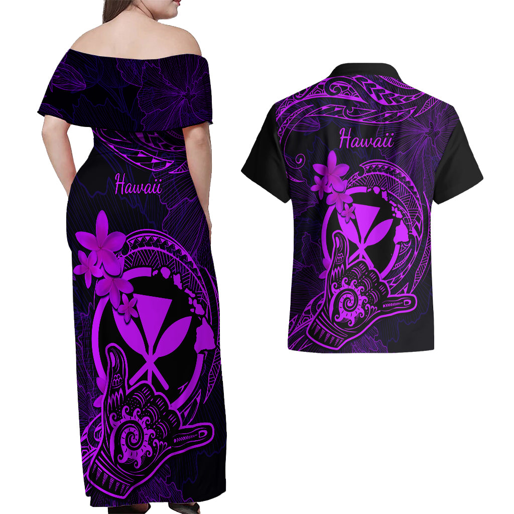 Hawaii Couples Matching Off Shoulder Maxi Dress and Hawaiian Shirt Shaka Tattoo Mix Polynesian Plumeria Purple Version LT14 - Polynesian Pride