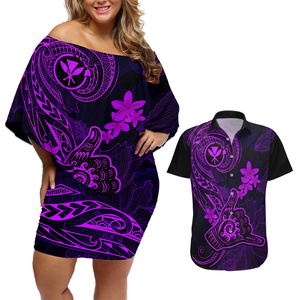 Hawaii Couples Matching Off Shoulder Short Dress and Hawaiian Shirt Shaka Tattoo Mix Polynesian Plumeria Purple Version LT14 Purple - Polynesian Pride