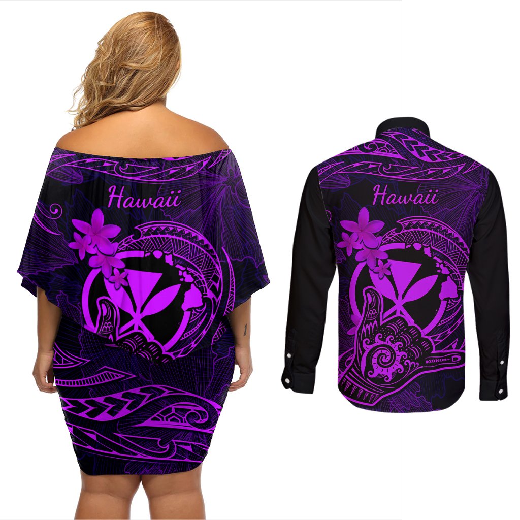 Hawaii Couples Matching Off Shoulder Short Dress and Long Sleeve Button Shirts Shaka Tattoo Mix Polynesian Plumeria Purple Version LT14 - Polynesian Pride