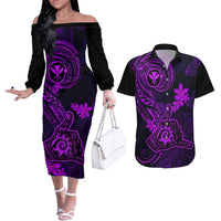 Hawaii Couples Matching Off The Shoulder Long Sleeve Dress and Hawaiian Shirt Shaka Tattoo Mix Polynesian Plumeria Purple Version LT14 Purple - Polynesian Pride