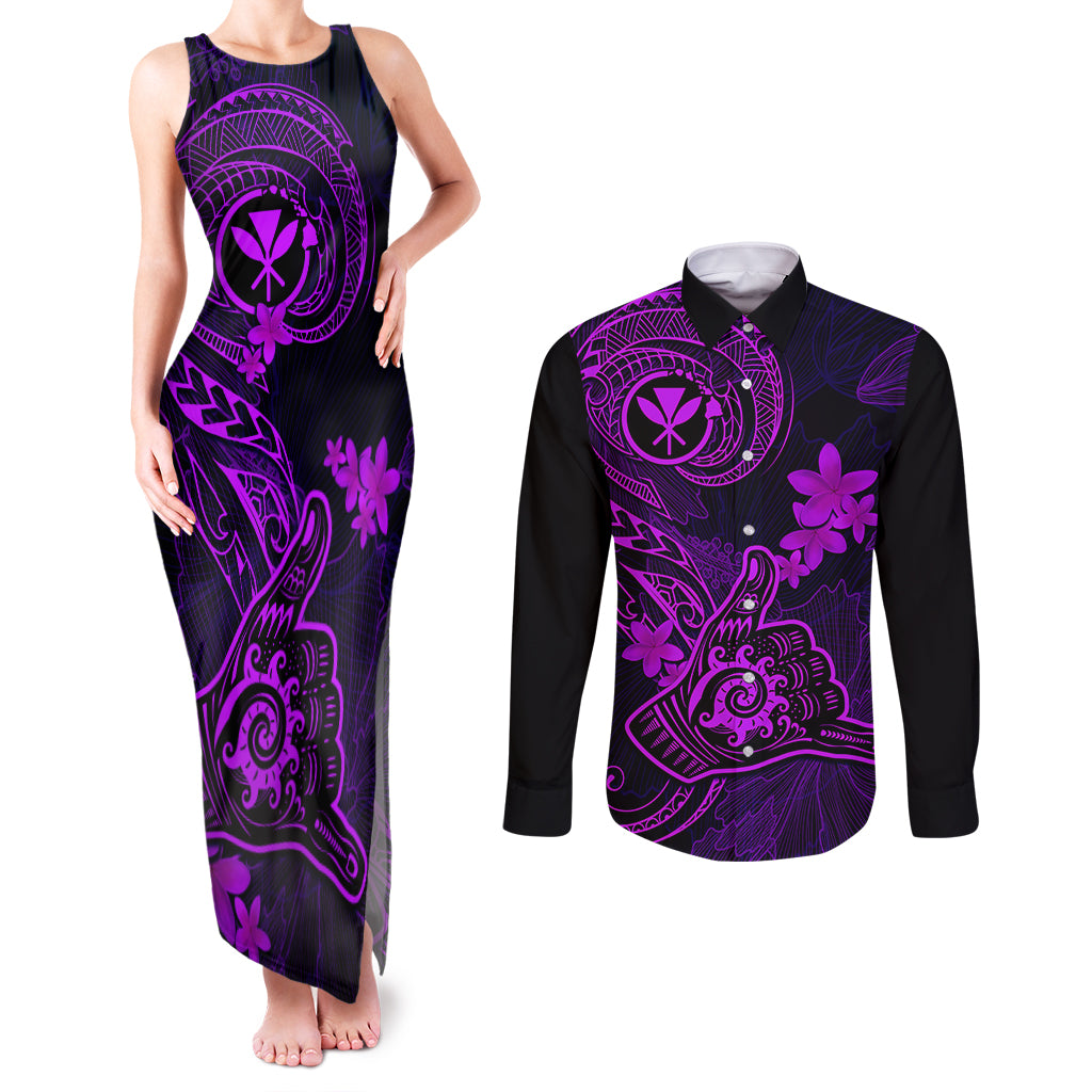 Hawaii Couples Matching Tank Maxi Dress and Long Sleeve Button Shirts Shaka Tattoo Mix Polynesian Plumeria Purple Version LT14 Purple - Polynesian Pride