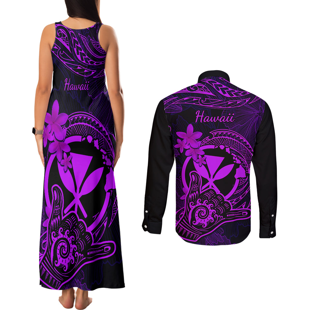 Hawaii Couples Matching Tank Maxi Dress and Long Sleeve Button Shirts Shaka Tattoo Mix Polynesian Plumeria Purple Version LT14 - Polynesian Pride