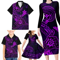 Hawaii Family Matching Long Sleeve Bodycon Dress and Hawaiian Shirt Shaka Tattoo Mix Polynesian Plumeria Purple Version LT14 - Polynesian Pride