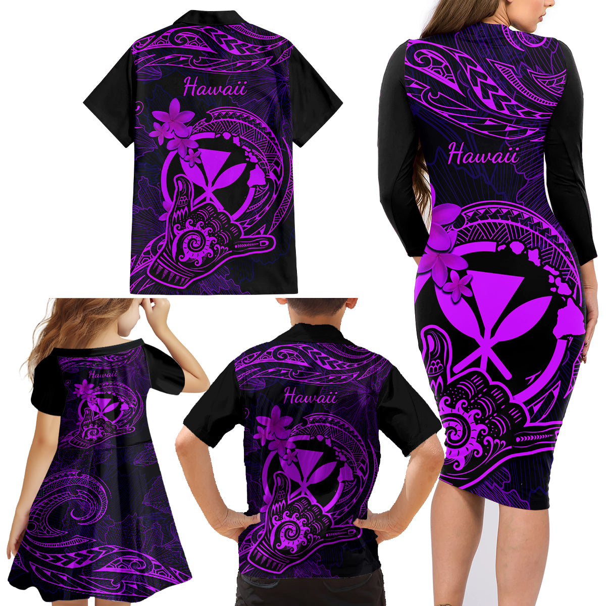 Hawaii Family Matching Long Sleeve Bodycon Dress and Hawaiian Shirt Shaka Tattoo Mix Polynesian Plumeria Purple Version LT14 - Polynesian Pride