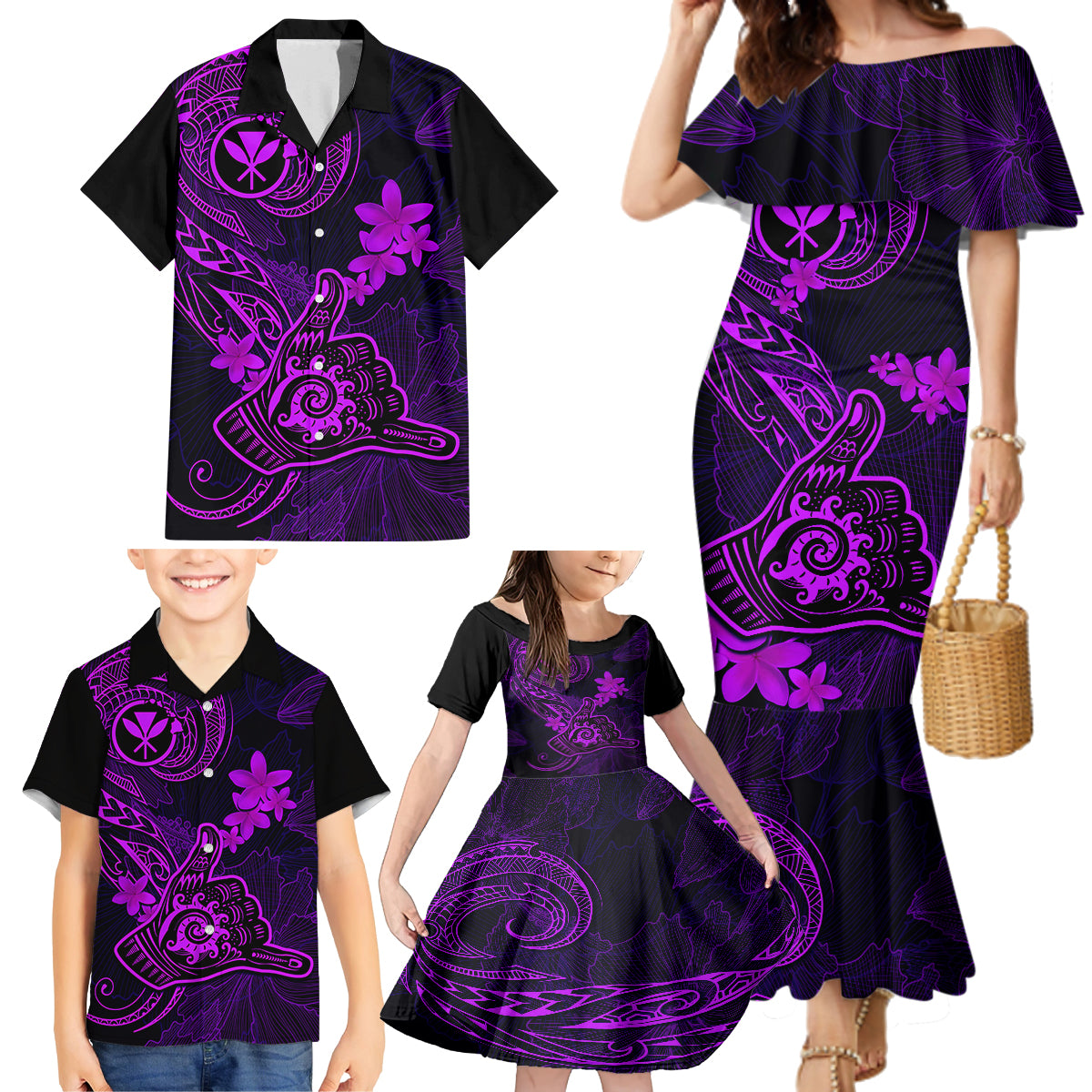 Hawaii Family Matching Mermaid Dress and Hawaiian Shirt Shaka Tattoo Mix Polynesian Plumeria Purple Version LT14 - Polynesian Pride