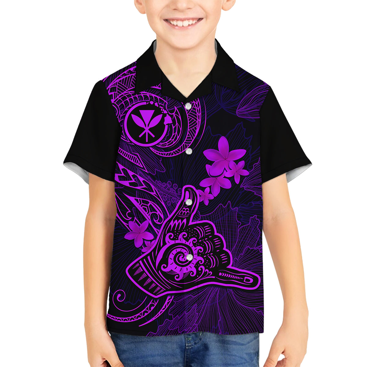 Hawaii Family Matching Mermaid Dress and Hawaiian Shirt Shaka Tattoo Mix Polynesian Plumeria Purple Version LT14 Son's Shirt Purple - Polynesian Pride