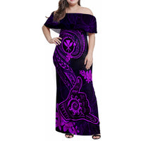 Hawaii Family Matching Off Shoulder Maxi Dress and Hawaiian Shirt Shaka Tattoo Mix Polynesian Plumeria Purple Version LT14 Mom's Dress Purple - Polynesian Pride