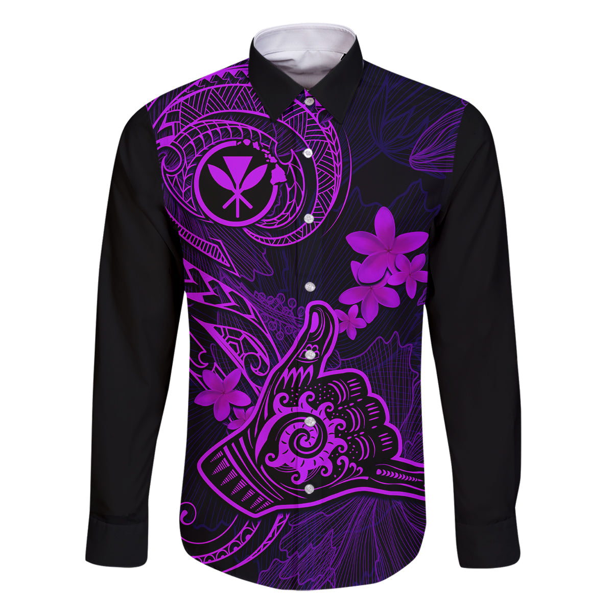 Hawaii Family Matching Short Sleeve Bodycon Dress and Hawaiian Shirt Shaka Tattoo Mix Polynesian Plumeria Purple Version LT14 Dad's Shirt - Long Sleeve Purple - Polynesian Pride
