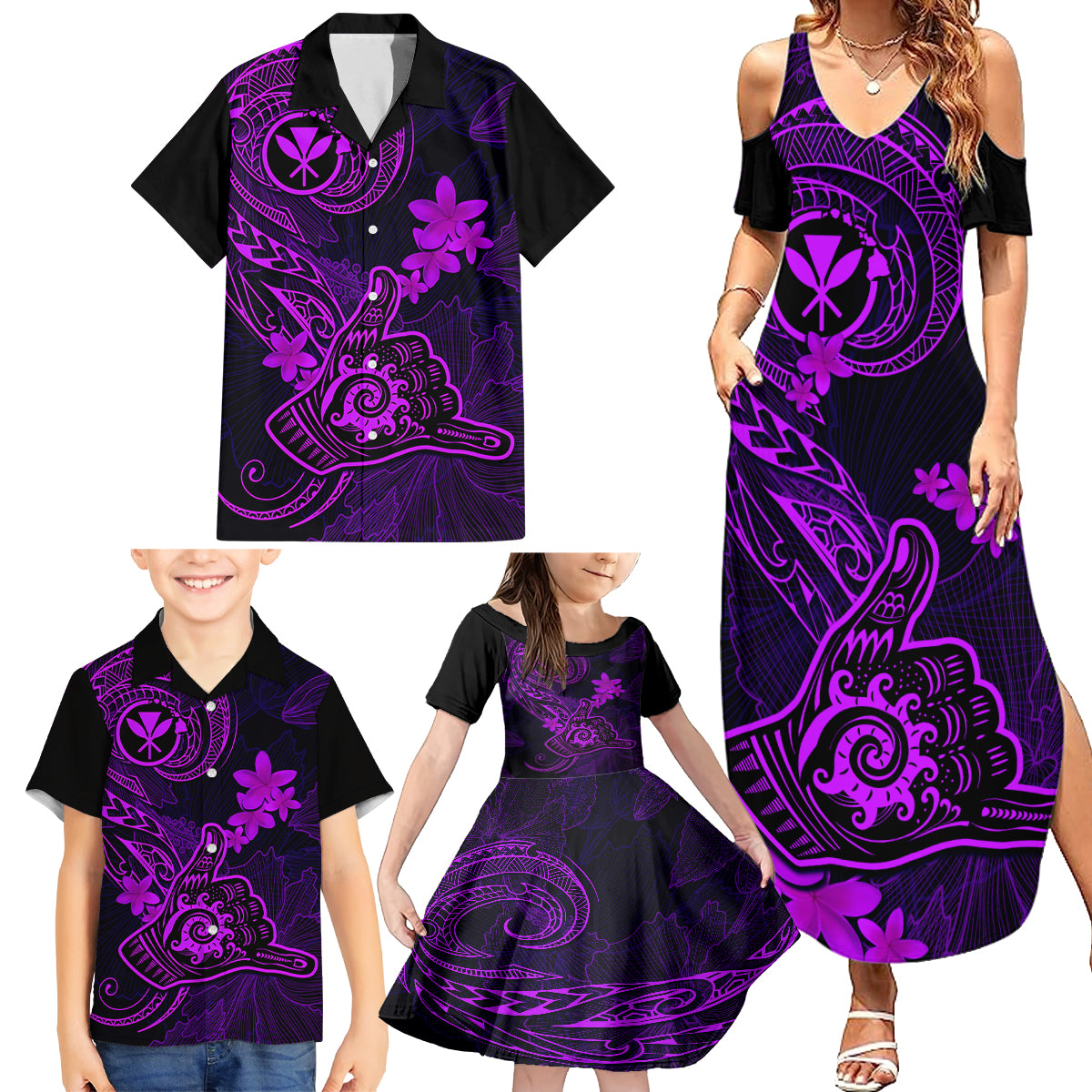 Hawaii Family Matching Summer Maxi Dress and Hawaiian Shirt Shaka Tattoo Mix Polynesian Plumeria Purple Version LT14 - Polynesian Pride