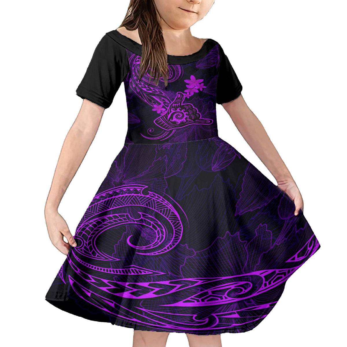 Hawaii Family Matching Summer Maxi Dress and Hawaiian Shirt Shaka Tattoo Mix Polynesian Plumeria Purple Version LT14 Mom's Dress Purple - Polynesian Pride