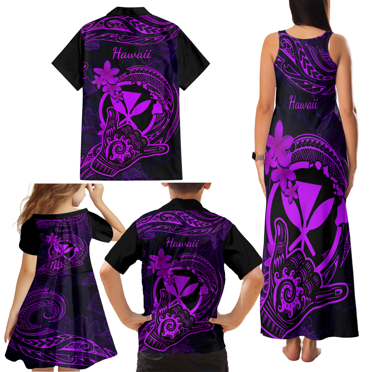 Hawaii Family Matching Tank Maxi Dress and Hawaiian Shirt Shaka Tattoo Mix Polynesian Plumeria Purple Version LT14 - Polynesian Pride