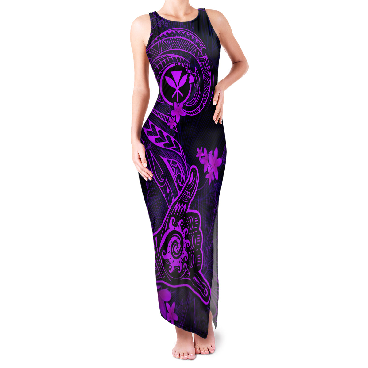 Hawaii Family Matching Tank Maxi Dress and Hawaiian Shirt Shaka Tattoo Mix Polynesian Plumeria Purple Version LT14 Mom's Dress Purple - Polynesian Pride
