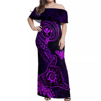 Hawaii Off Shoulder Maxi Dress Shaka Tattoo Mix Polynesian Plumeria Purple Version LT14 Women Purple - Polynesian Pride