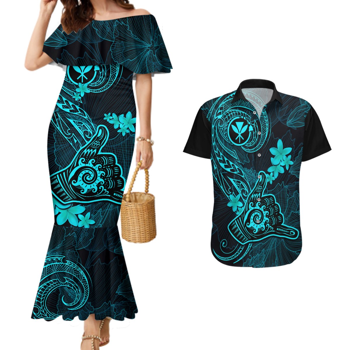 Hawaii Couples Matching Mermaid Dress and Hawaiian Shirt Shaka Tattoo Mix Polynesian Plumeria Turquoise Version LT14 Turquoise - Polynesian Pride