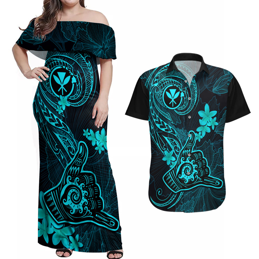 Hawaii Couples Matching Off Shoulder Maxi Dress and Hawaiian Shirt Shaka Tattoo Mix Polynesian Plumeria Turquoise Version LT14 Turquoise - Polynesian Pride