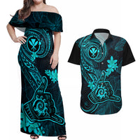 Hawaii Couples Matching Off Shoulder Maxi Dress and Hawaiian Shirt Shaka Tattoo Mix Polynesian Plumeria Turquoise Version LT14 Turquoise - Polynesian Pride