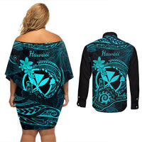 hawaii-couples-matching-off-shoulder-short-dress-and-long-sleeve-button-shirts-shaka-tattoo-mix-polynesian-plumeria-turquoise-version