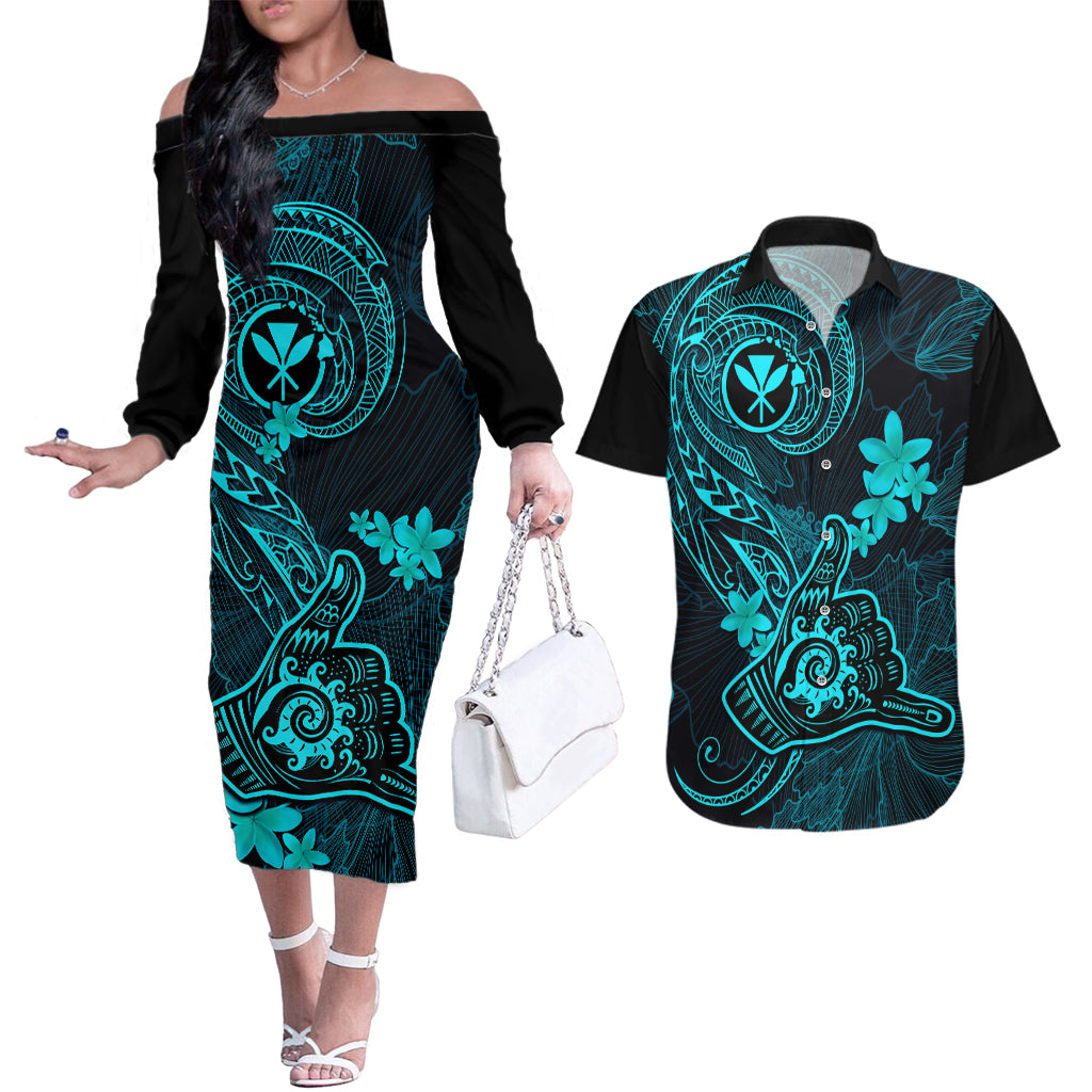 Hawaii Couples Matching Off The Shoulder Long Sleeve Dress and Hawaiian Shirt Shaka Tattoo Mix Polynesian Plumeria Turquoise Version LT14 Turquoise - Polynesian Pride