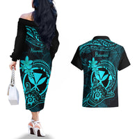 Hawaii Couples Matching Off The Shoulder Long Sleeve Dress and Hawaiian Shirt Shaka Tattoo Mix Polynesian Plumeria Turquoise Version LT14 - Polynesian Pride