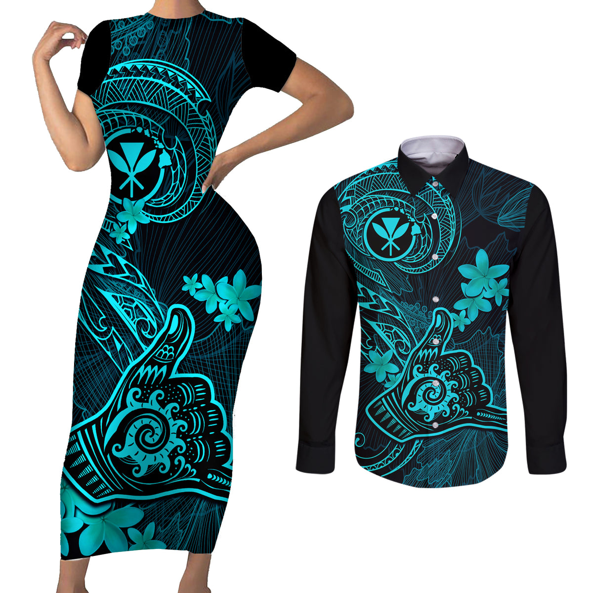 Hawaii Couples Matching Short Sleeve Bodycon Dress and Long Sleeve Button Shirts Shaka Tattoo Mix Polynesian Plumeria Turquoise Version LT14 Turquoise - Polynesian Pride